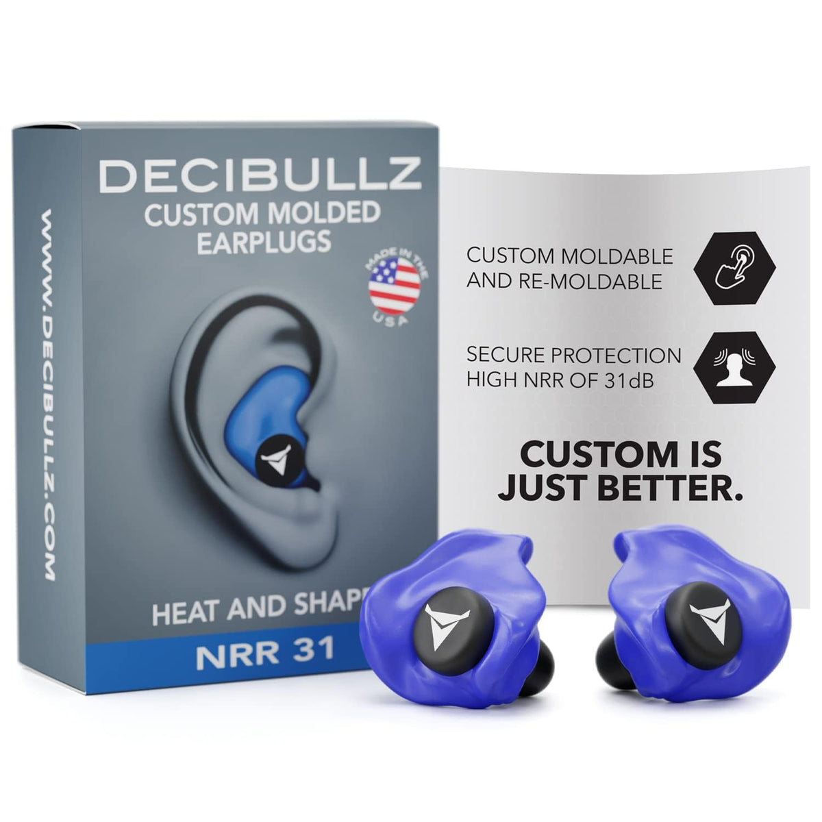 Decibullz - NRR 31 Custom Molded Earplugs, Perfect Fit Ear Protection for Safety, Travel