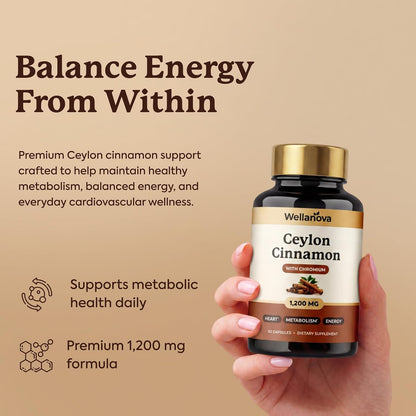 Ceylon Cinnamon Capsules Supplement with Chromium - 1,200 mg True Cinnamomum Verum, Chromium Picolinate 200 mcg - Heart, Metabolism & Energy Support - 60 Vegan Capsules