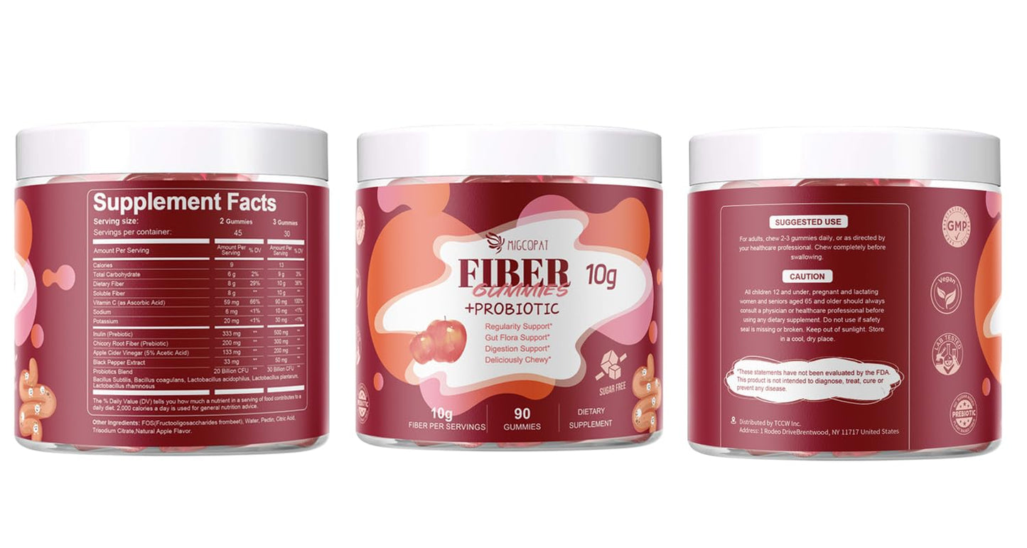 Migcopat Fiber Gummies with Probiotics,10G Fiber per Serving No Sugar Added Apple Flavor, with 10 Billion CFU Probiotics Blend, Apple Cider Vinegar, Vitamin C, Inulin, Bloating Support 90 Count