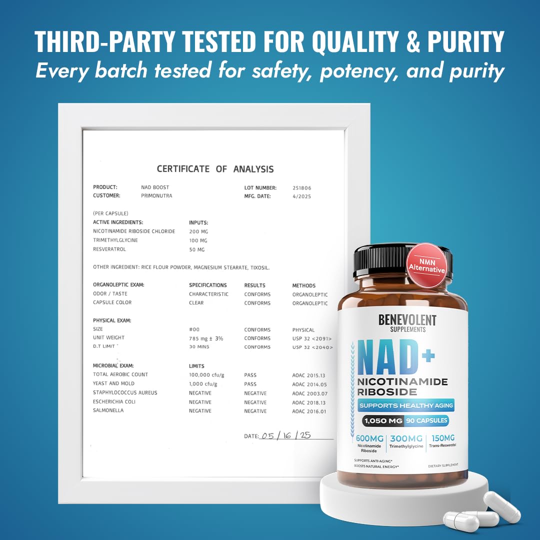 Benevolent NAD+ Supplement 1050mg, Max Absorption 3in1 NAD Supplements for Women & Men with Nicotinamide Riboside, Trans-Resveratrol & TMG, NAD Plus for Cellular Energy, Brain Support & Aging, 90 Caps