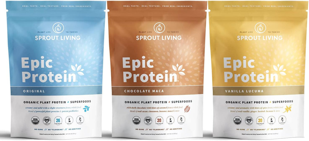 Sprout Living Epic Protein Bundle - Original, Chocolate Maca & Vanilla Lucuma (20-26g Organic Plant-Based Protein Powder, Vegan, Superfoods) | 1lb, 12 Servings