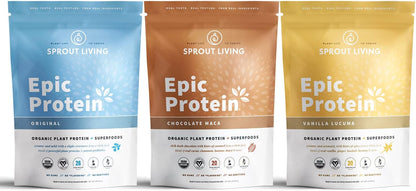 Sprout Living Epic Protein Bundle - Original, Chocolate Maca & Vanilla Lucuma (20-26g Organic Plant-Based Protein Powder, Vegan, Superfoods) | 1lb, 12 Servings