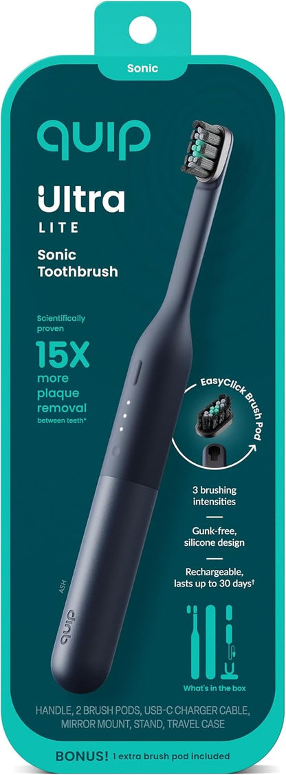 Quip Ultra Lite Sonic Electric Toothbrush, 3 Modes, Mirror Mount, Ash