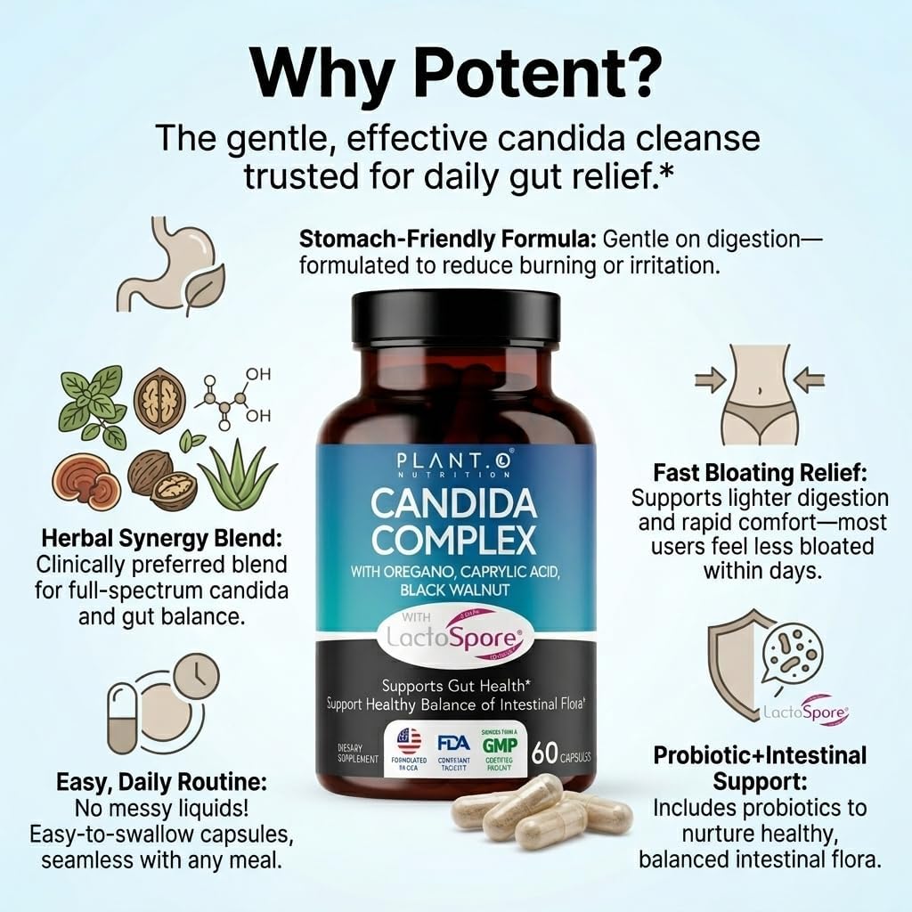 Candida Cleanse Supplement & Yeast Support with Probiotics (LactoSpore®), Oregano Oil, Caprylic Acid, Black Walnut – Advanced Gut Health, Digestive Enzymes, pH Balance for Women and Men – 60 Capsules