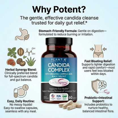 Candida Cleanse Supplement & Yeast Support with Probiotics (LactoSpore®), Oregano Oil, Caprylic Acid, Black Walnut – Advanced Gut Health, Digestive Enzymes, pH Balance for Women and Men – 60 Capsules