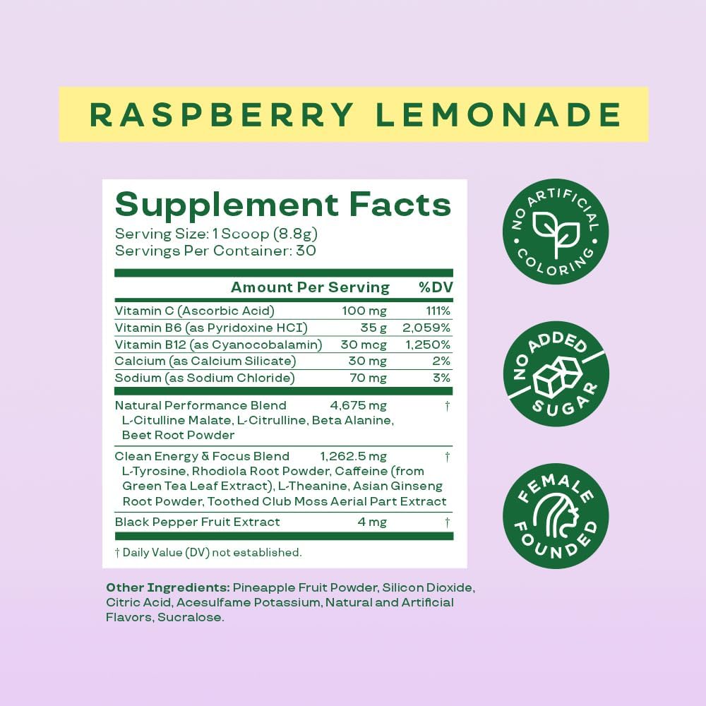 Bloom Nutrition Pre Workout Powder, Raspberry Lemonade, 30 Servings | Beta Alanine, Ginseng and L Tyrosine for Amino Energy, Natural Caffeine from Green Tea Extract, Keto, Sugar Free Drink Mix