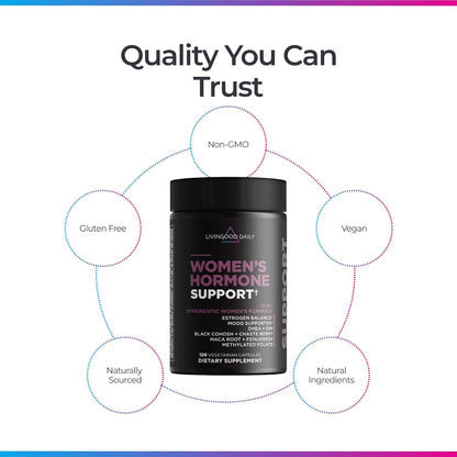 Livingood Daily Women’s Hormone Support Supplement, Estrogen Balance with Fenugreek, Black Cohosh, Chasteberry, DIM, Natural PMS & Menopause Support, Non GMO, Gluten Free, Vegetarian Capsules, 120 Ct