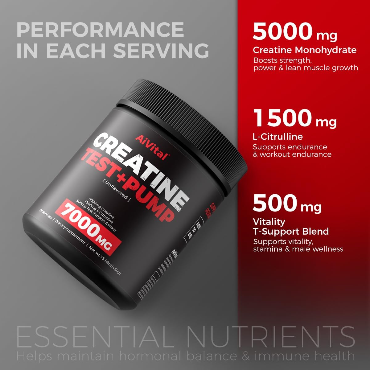 AiVital™ Creatine Powder for Men–5000mg Creatine Monohydrate with 1500mg L-Citrulline & 500mg Vitality Blend for Men–Strength, Performance,Muscle Pump&Recovery Support–Unflavored,60 Servings, 450g