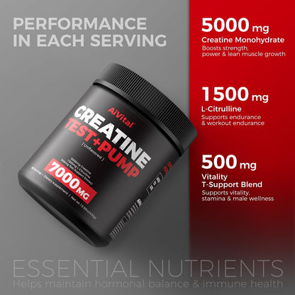 AiVital™ Creatine Powder for Men–5000mg Creatine Monohydrate with 1500mg L-Citrulline & 500mg Vitality Blend for Men–Strength, Performance,Muscle Pump&Recovery Support–Unflavored,60 Servings, 450g