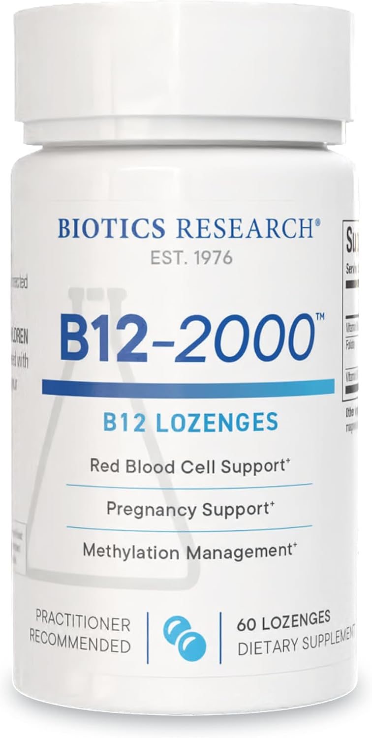 BIOTICS RESEARCH B12-2000™ Vitamin B12 2000 mcg, B6, Folate–B12 Sublingual Lozenges, Methylation Support Supplement, High Potency, Highly Absorbable, Natural, Berry Flavor, Dissolves Easily–60 Count