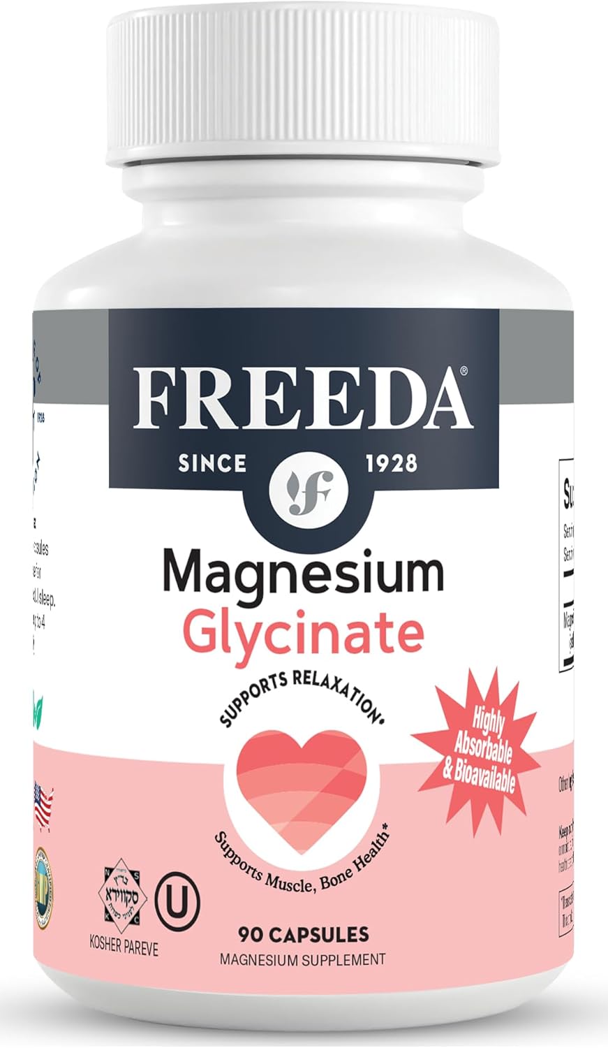 Freeda Magnesium Glycinate - High Absorption Chelated Magnesium - 90 Caps | Supports Sleep, Muscle & Nerve Function - Non-GMO, Vegan, Kosher - Gentle On Digestion - No Magnesium Oxide