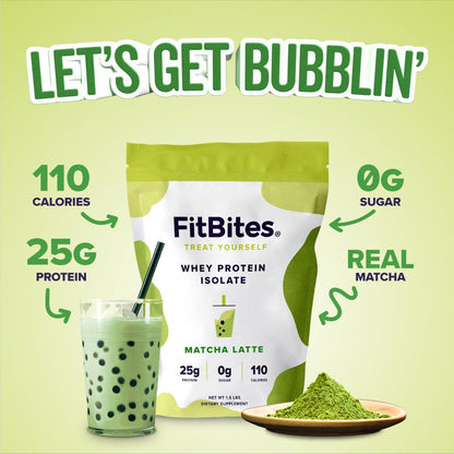 FitBites 100% Whey Isolate Protein Powder (Matcha Latte), 5.9g BCAAs, Gluten Free