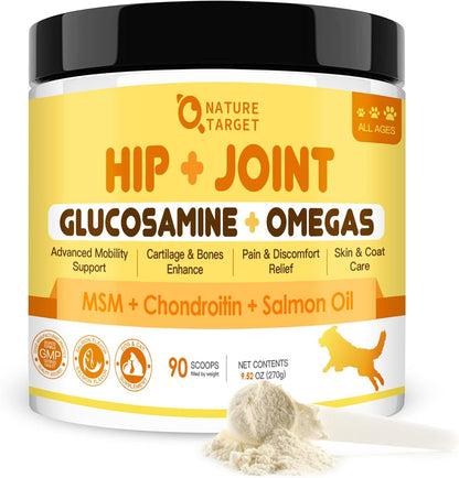 NATURE TARGET Glucosamine for Dogs Powder, Hip & Joint Supplement, 9.52 oz | With Chondroitin, MSM, Turmeric & Omega 3, Supports Hip & Joint Mobility, Joint Pain Relief, for Small, Medium & Large Breeds
