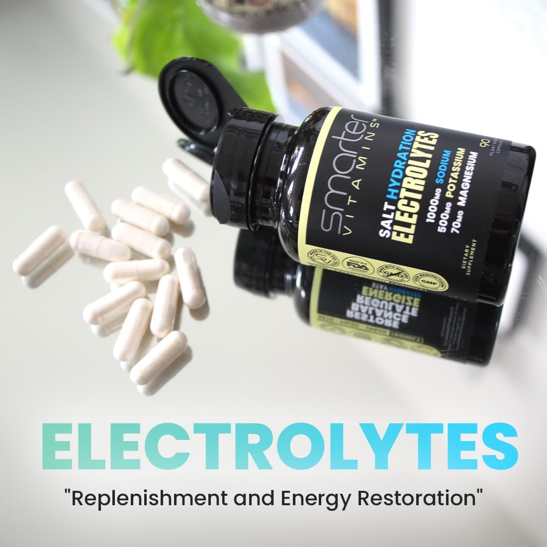 Electrolyte Capsules with 1000mg Sodium, Potassium & Magnesium, 90 Count | Formulated with chloride mineral salts and glycinate. Zero sugar, no mixing, convenient capsules, 30 servings