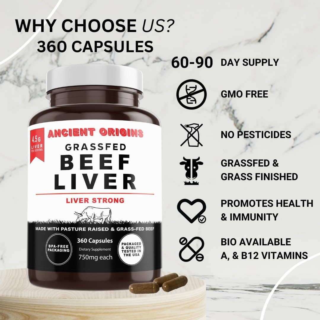 Ancient Origins Grass Fed Beef Liver Two Month Supply, Supports Energy Production, Cleansing, Digestion, Immunity and Full Body Wellness, Non GMO, Freeze Dried Liver Supplement, 360 Capsules