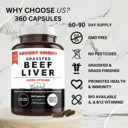 Ancient Origins Grass Fed Beef Liver Two Month Supply, Supports Energy Production, Cleansing, Digestion, Immunity and Full Body Wellness, Non GMO, Freeze Dried Liver Supplement, 360 Capsules