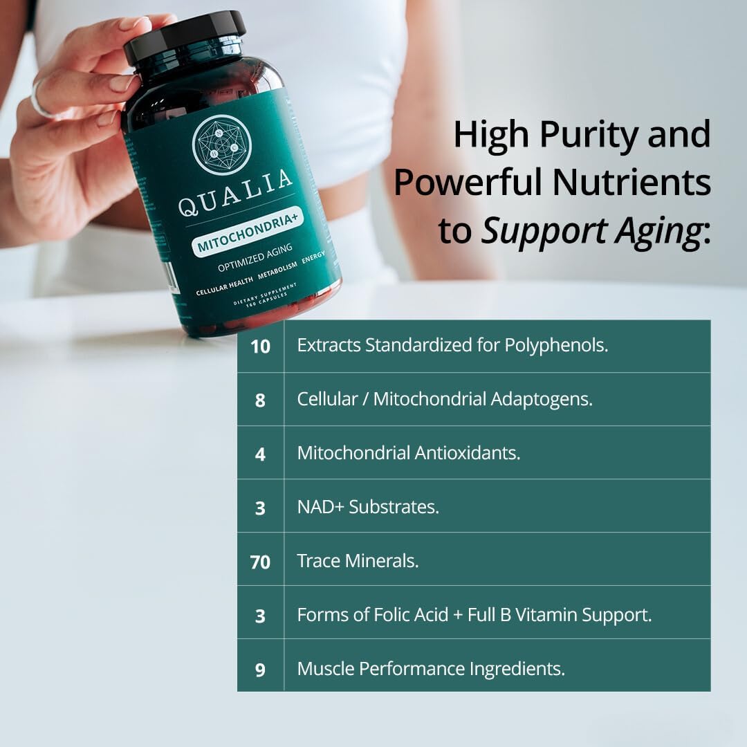 Qualia Mitochondria+ | The Most Advanced Supplement for NAD+, Cellular Energy, Metabolism & Repair for Better Aging w/35+ NAD Boosters Resveratrol & More | 160 Ct | 1 Month Supply