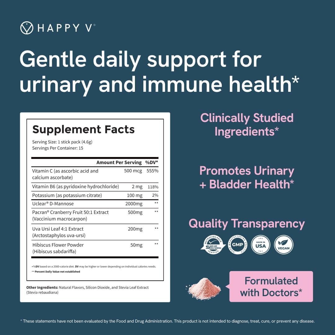 Happy V D-Mannose + Cranberry Stick Packs | Dr Formulated Urinary Tract Support Supplement | D Mannose Supplements for Women - Bladder Support - Promotes Urinary Comfort - 15 Stick Packs