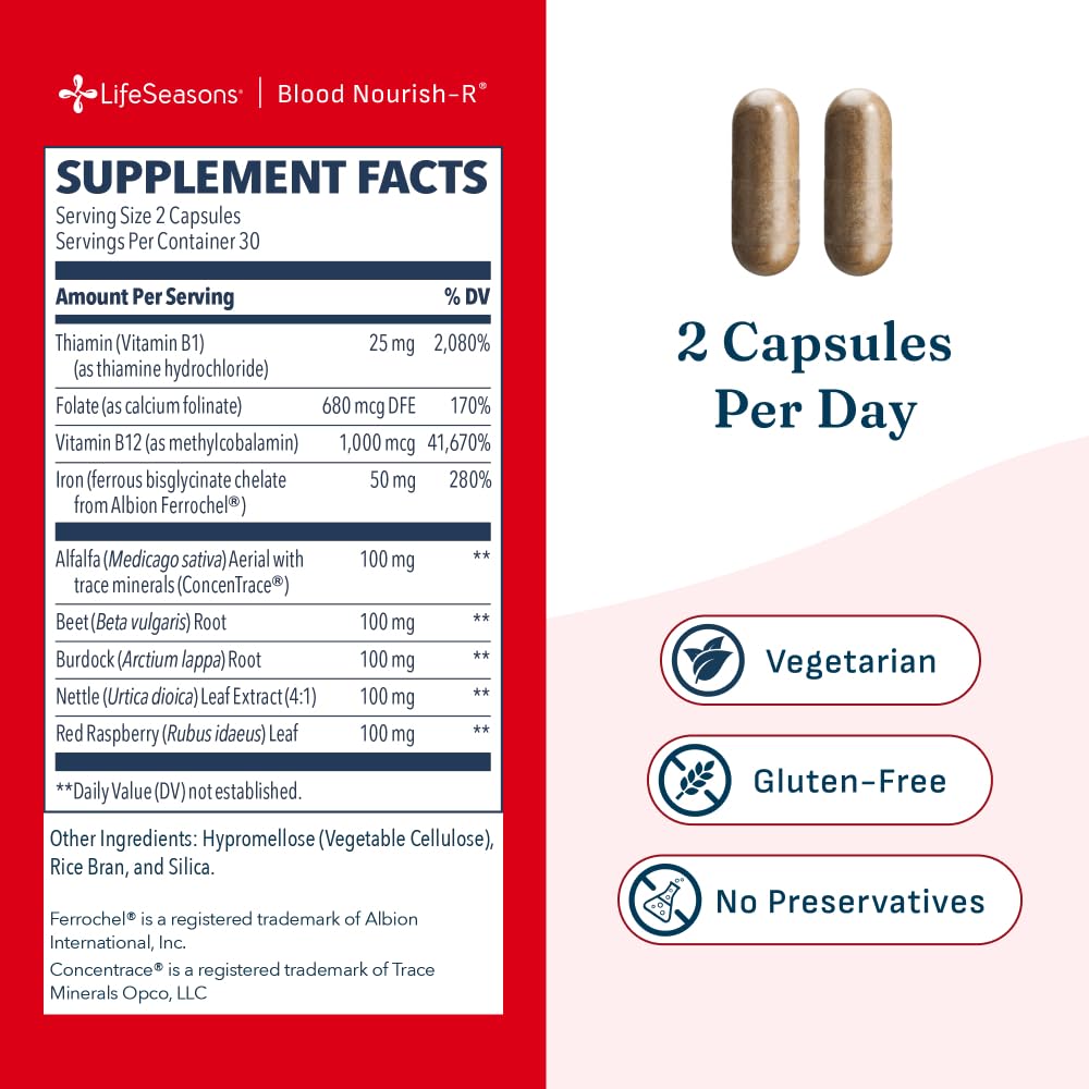 LifeSeasons Blood Nourish-R - Iron Deficiency Supplement - Supports Anemia, Fatigue & Dizziness - No Constipation - Blood Building - Iron, Beet Root, Alfalfa, Raspberry & Vitamin B-12-60 Capsules
