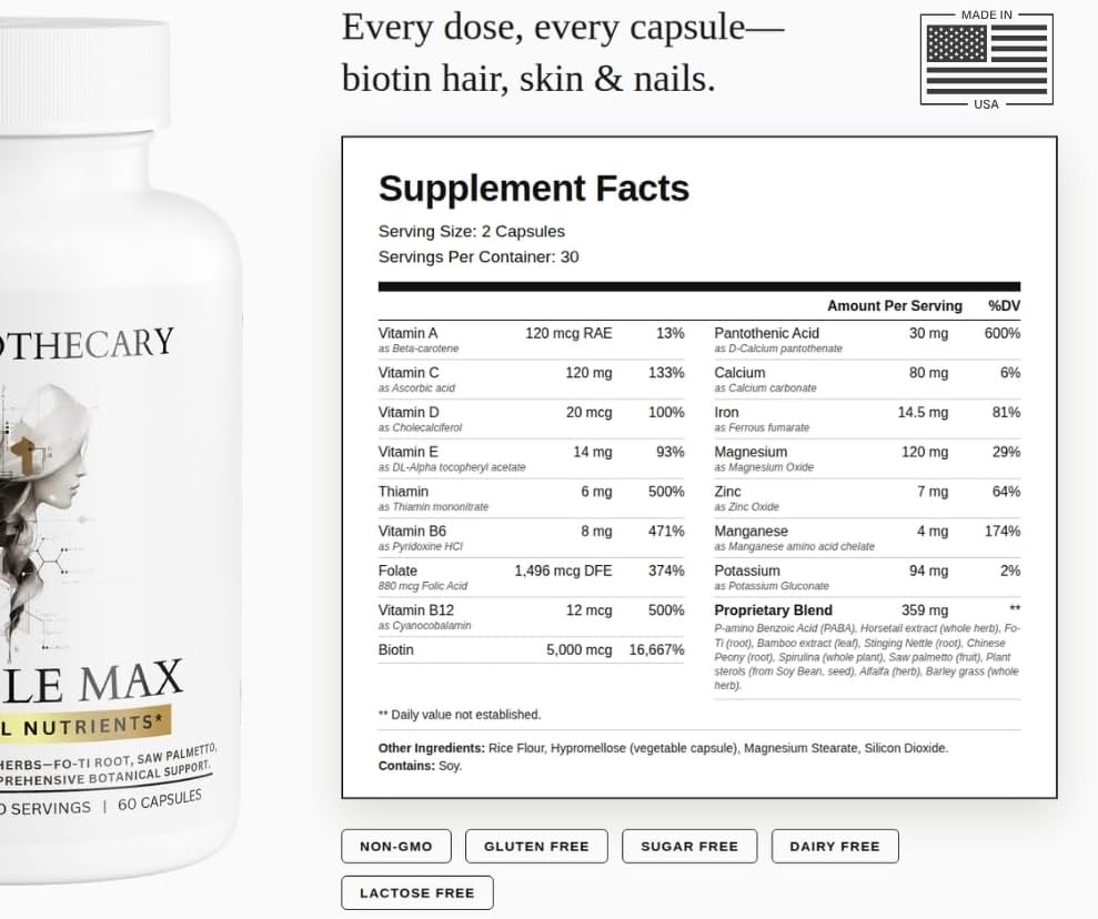 Follicle Max Hair Growth Supplement for Men & Women - Biotin 5000mcg, Saw Palmetto, Iron, Zinc, Fo-Ti Root, Horsetail, Nettle - DHT Support - Vitamins for Thinning Hair - 60 Capsules