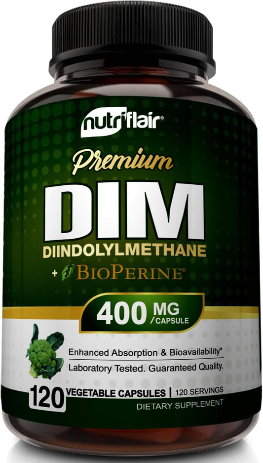 NutriFlair DIM 400mg with BioPerine, 120 Capsules - High Potency Diindolylmethane Supplement - for Men & Women - Vegan, Non-GMO - 4 Month Supply