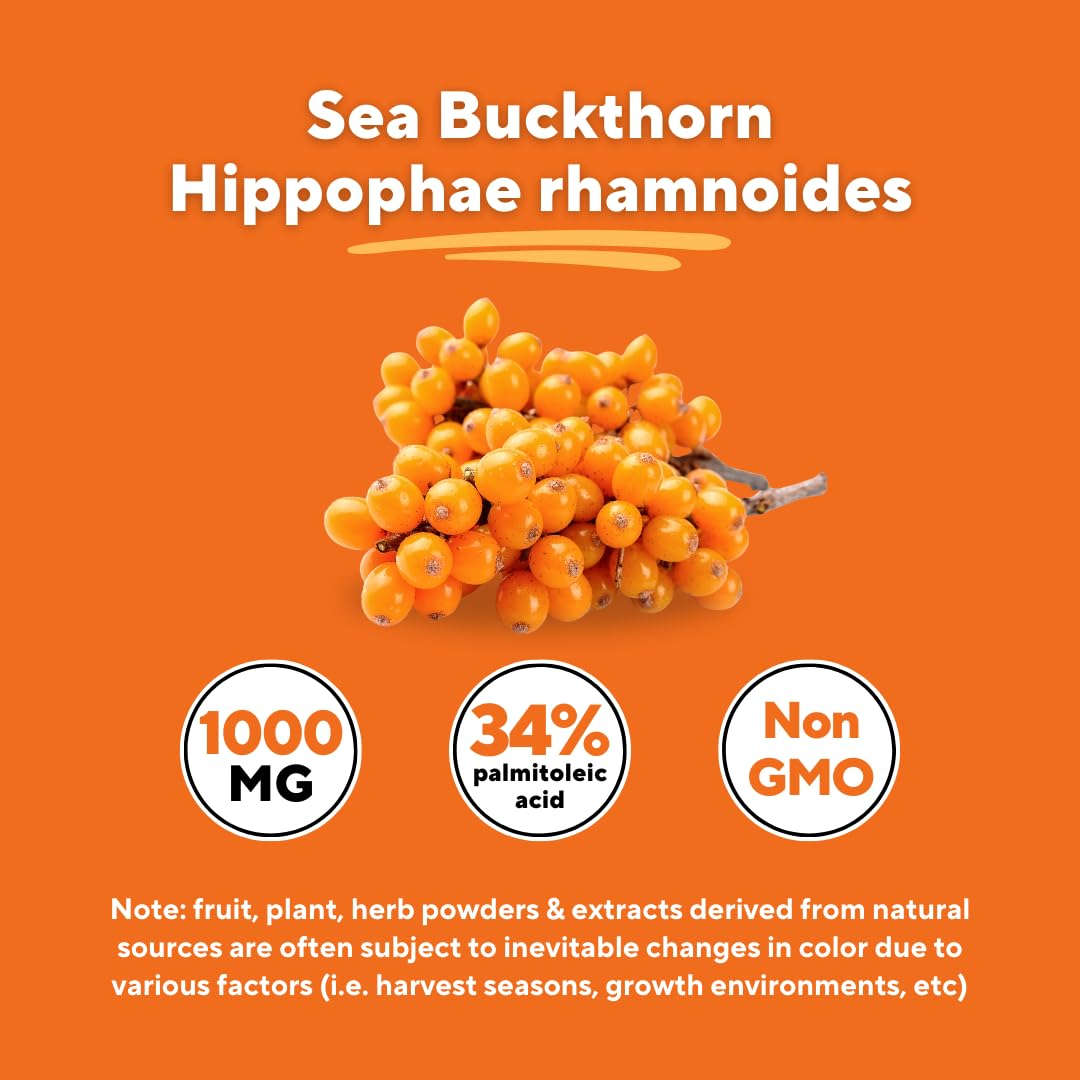Omega 7 Sea Buckthorn Berry Oil 1000mg for Hair, Skin, Nails, Heart Health Support - 34% Palmitoleic Acid & Natural Omega 3 6 9 Fatty Acids Supplement - 120 Capsules, Non-GMO, Gluten-Free