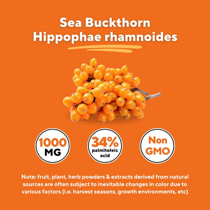Omega 7 Sea Buckthorn Berry Oil 1000mg for Hair, Skin, Nails, Heart Health Support - 34% Palmitoleic Acid & Natural Omega 3 6 9 Fatty Acids Supplement - 120 Capsules, Non-GMO, Gluten-Free