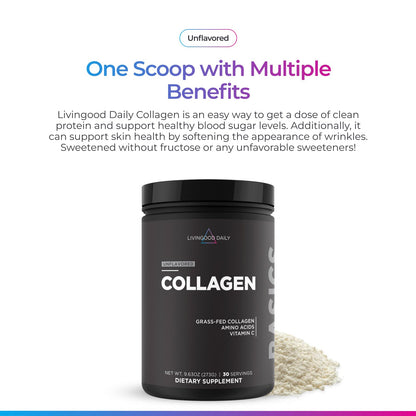 Livingood Daily Vanilla Collagen Powder for Women & Men, Hydrolyzed Collagen Peptides Powder with Vitamin C, Protein with 20 Amino Acids, Type I & III, Grass Fed, Keto, Paleo, Gluten Free, 30 Srvgs