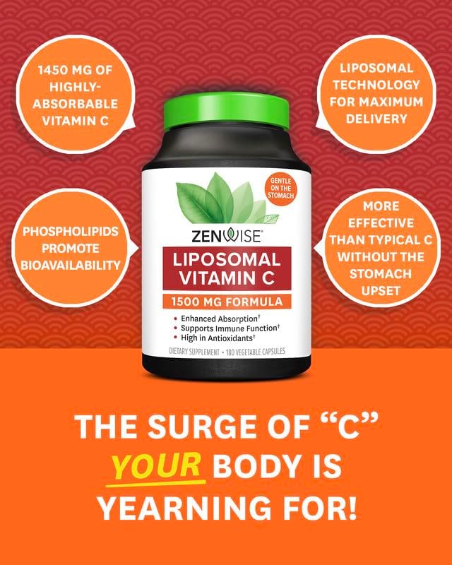Zenwise Health Liposomal Vitamin C Supplement - Immune Antioxidant - 180 CT | 180 Capsules, 1500mg Liposomal, Enhanced Absorption, Vegan, Organic, Gluten Free, Unflavored