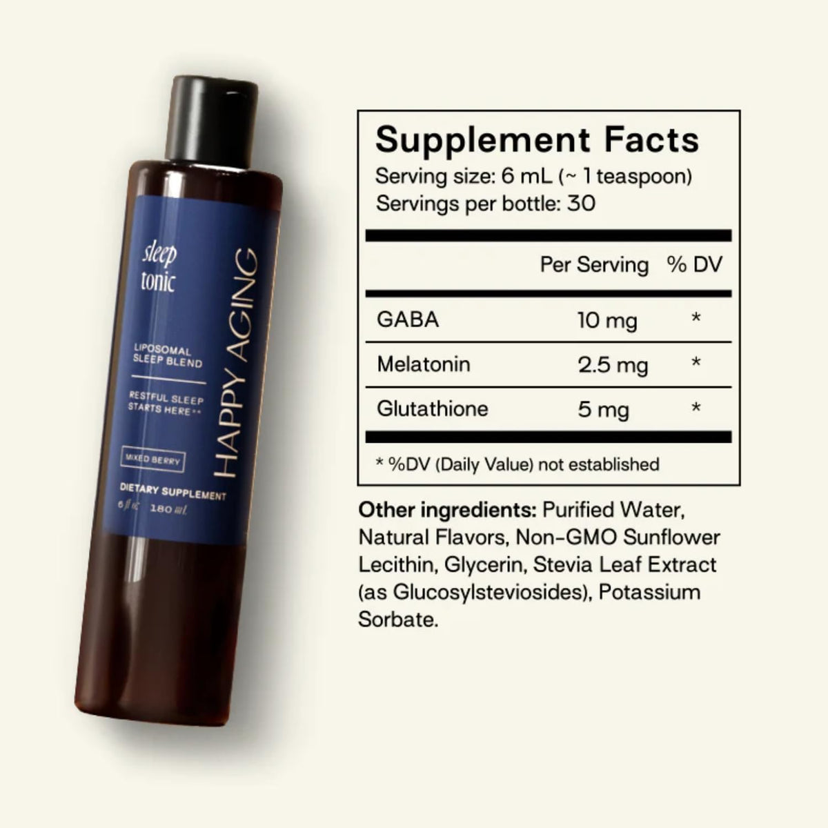 Happy Aging Sleep Tonic Liquid Sleep Aid - Liposomal Melatonin, GABA & Glutathione - Natural Sleep Aid for Adults, Fall Asleep Faster with No Morning Grogginess - Mixed Berry, 180ml, 30 Servings
