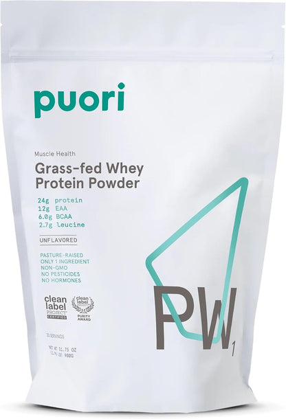 Puori Grass-Fed Whey Protein Powder, Unflavored - 30 Servings | Pasture-Raised & Hormone-Free - Post-Workout Protein Supplement Contains BCAA - Build Muscle, Support Recovery - Men & Women