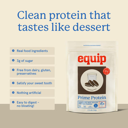 Equip Prime Chocolate Protein Powder - Gut-Friendly, No Sugar Protein Shake Powder with Grass-Fed Beef & Natural Collagen - Rich & Creamy Mix - 21g Per Serving - Whey & Dairy-Free (30 Scoops)