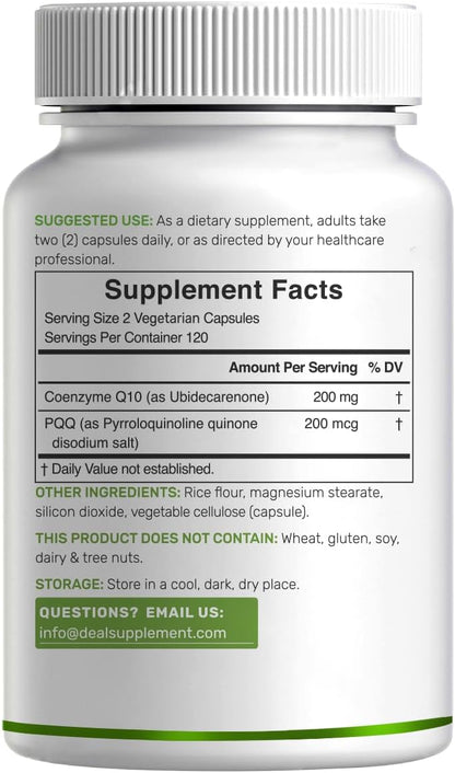 DEAL SUPPLEMENT CoQ10 200mg with PQQ 200mcg, 240 Veggie Capsules | Bioavailable Coenzyme Q10 Complex | Supports Heart, Energy & Brain Health | Antioxidant Support | Non-GMO