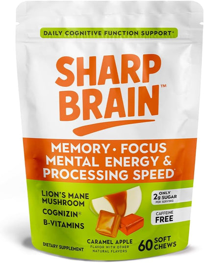 Sharp Brain – Soft Chews for Memory & Focus – Daily Cognitive Support to Help You Stay Sharp – Lion’s Mane Mushroom, Cognizin® Citicoline & B Vitamins – Caffeine-Free, 60 Chews