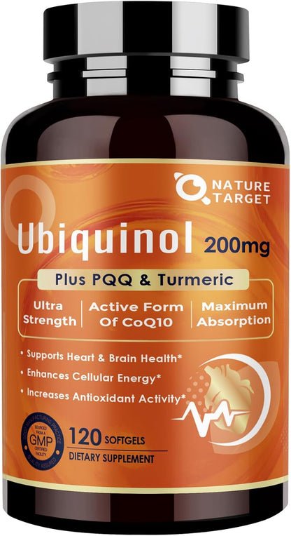 NATURE TARGET Ubiquinol CoQ10 200mg with PQQ & Turmeric, 120 Count | High Absorption Coenzyme Q10 with ALA & Black Pepper, Supports Antioxidant for Brain Health, Energy Production