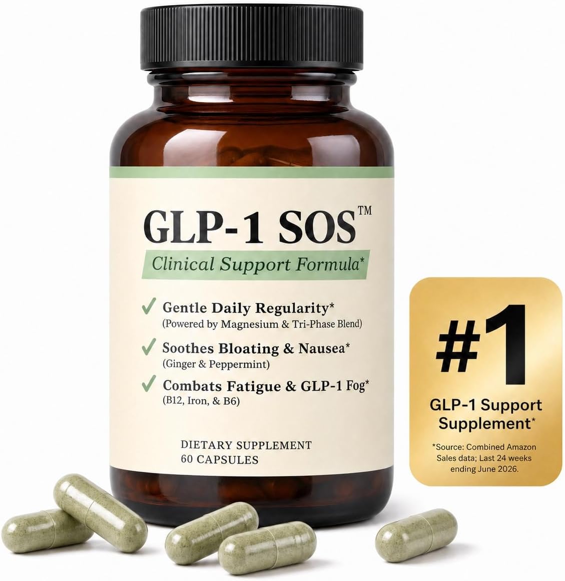 GLP-1 SOS™ Digestive Support for Ozempic Wegovy Mounjaro Zepbound Users – Constipation, Sulfur Burps, Bloating, Fatigue – Magnesium, Ginger, 19-Strain Probiotic, B12 – Physician-Formulated – 60 Caps