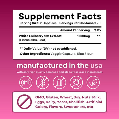 White Mulberry Leaf Extract 1000mg - 12:1 Morus Alba Extract - Antioxidant, Heart Health, Overall Metabolism Support - 180 Veggie Capsules - Non GMO, Gluten Free, Vegan Friendly Supplement