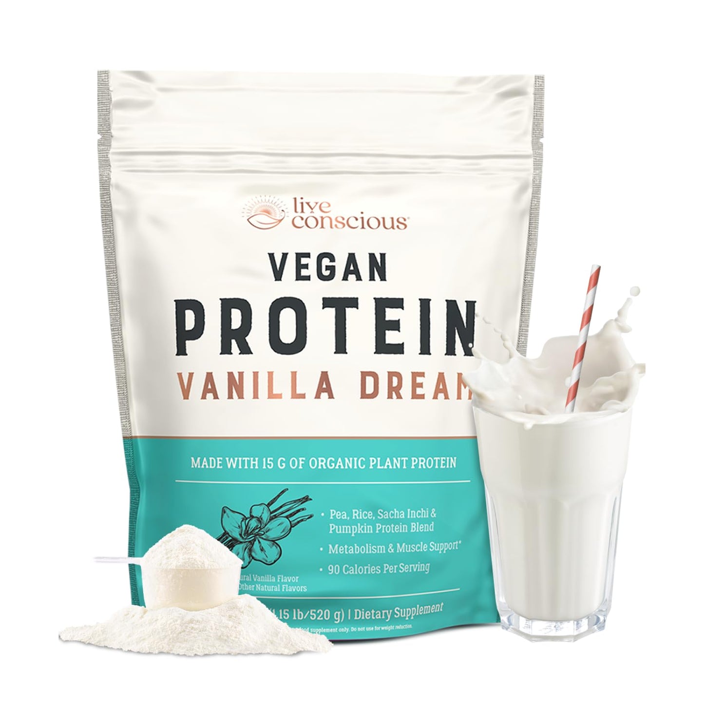 Live Conscious Cosmic Cacao - Organic Vegan Protein Powder, Chocolate Flavor, Plant-Based Blend - Pea Protein, Brown Rice, Pumpkin, Sacha Inchi - 20 Servings, 17 oz