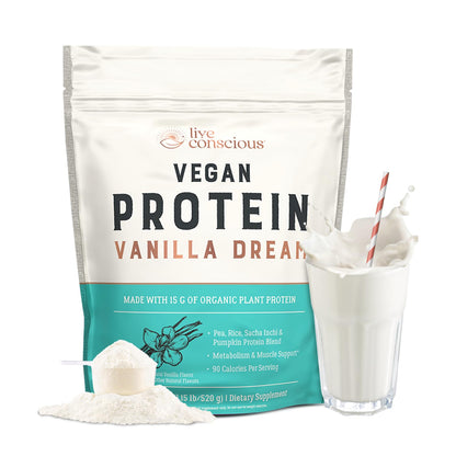 Live Conscious Cosmic Cacao - Organic Vegan Protein Powder, Chocolate Flavor, Plant-Based Blend - Pea Protein, Brown Rice, Pumpkin, Sacha Inchi - 20 Servings, 17 oz