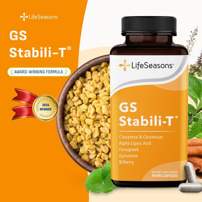 LifeSeasons GS Stabili-T - Blood Sugar Support Supplement - Healthy Circulation & Vision - Maintain Normal Levels - Chromium Cinnamon Gymnema Bilberry & Alpha Lipoic Acid - 90 Capsules