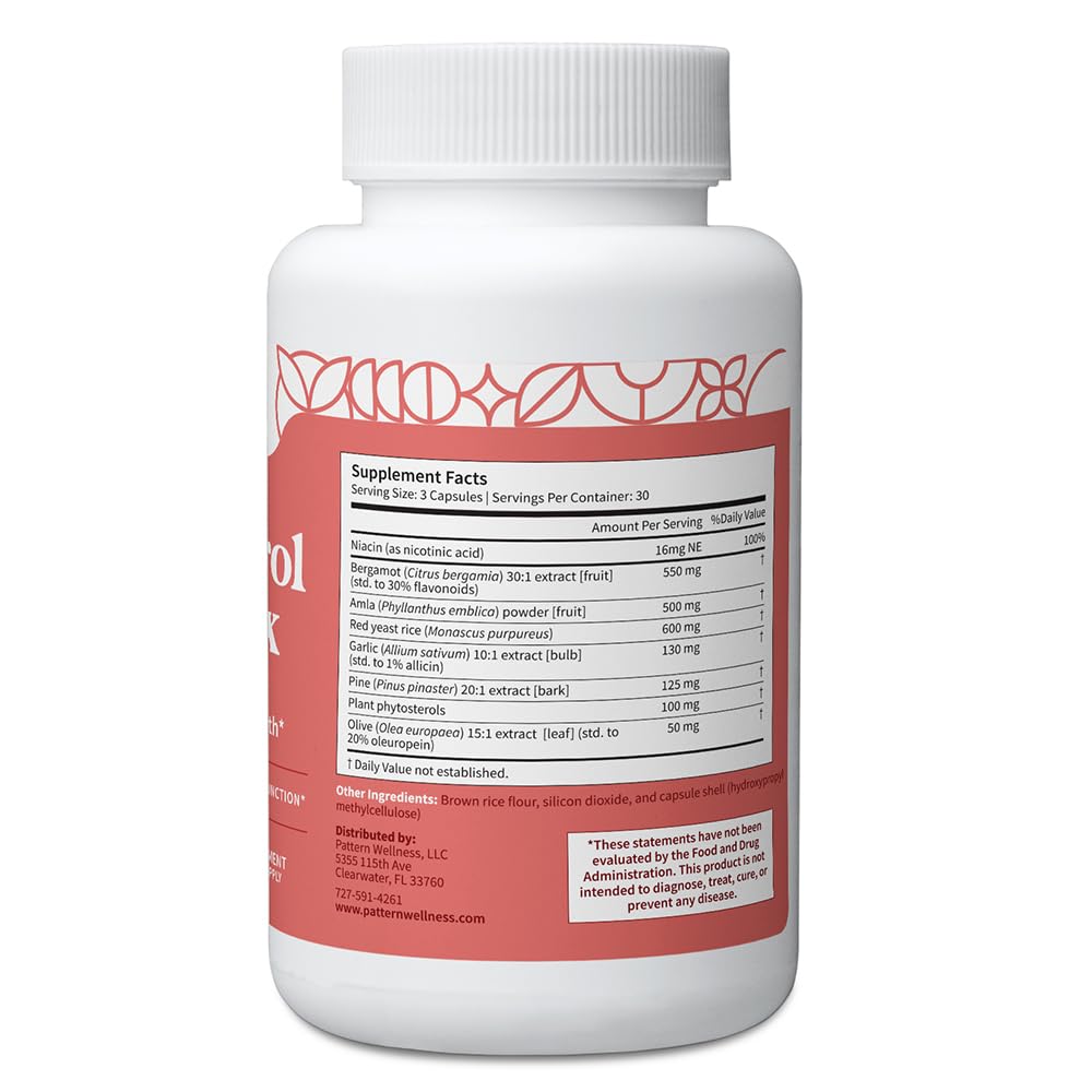 Pattern Wellness Cholesterol Complex Supplement – 90 Vegan Capsules | Red Yeast Rice Formula, 8 Carefully Selected Ingredients, GMP Manufactured, Non-GMO Formula, Gluten, Dairy & Soy Free