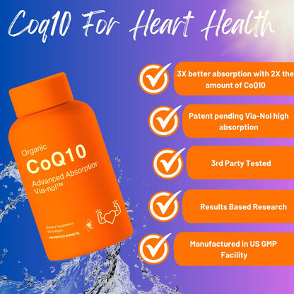 Advanced Bionetix Advanced Absorption 200mg CoQ10 w/Black Pepper Extract. 90 Softgels. Antioxidant Supplement, Heart & Vascular Health, Brain Health, Organic, Gluten Free, Energy Production