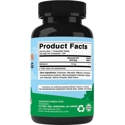 Vitamatic Pets Melatonin 6 mg Chewable Tablets for Dogs, 120 Count | Sleep Health Support*, Beef Flavored Tablet, Non-GMO, Gluten Free, Made in USA