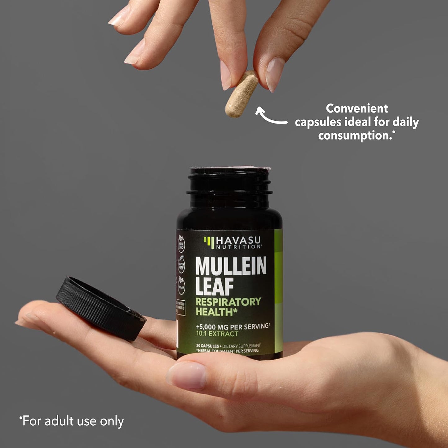 500mg Mullein Extract for Lung Support and Respiratory Health, 30 Count | Mullein Leaf Capsules for Respiratory Health, Vegan, Non-GMO Herbal Supplement for Overall Daily Wellness, 1 Month Supply