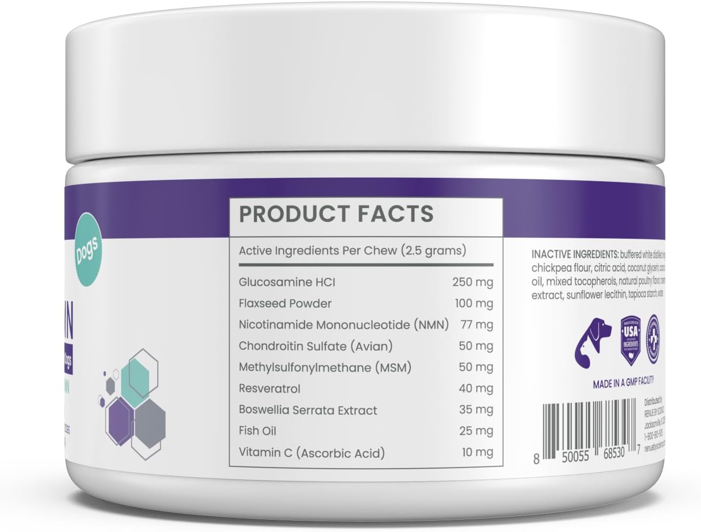 Renue By Science PET NMN Longevity Chews for Dogs - Liposomal NMN, Trans-Resveratrol, Glucosamine, MSM, Chondroitin - Cold Extruded Soft Chews - 60 Count