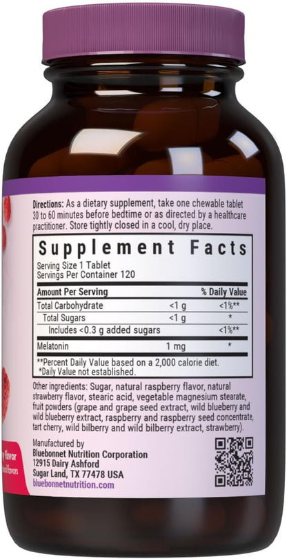 Bluebonnet Nutrition EarthSweet Melatonin 1 mg Fast-Acting Quick Dissolve Nighttime Relaxation & Restful Sleep Support - Sleep Aid - Gluten-Free, Vegan - Raspberry Flavor - 120 Chewable Tablets