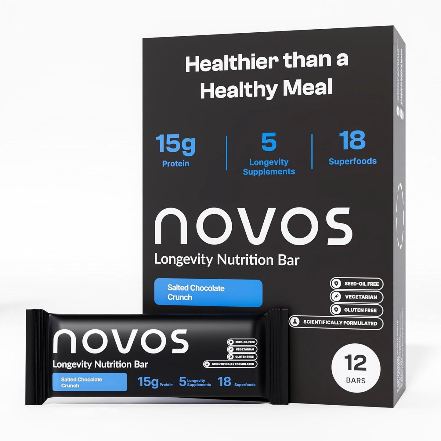 Novos Longevity Protein Bar | 15g Protein, 20 Superfoods, 5 Longevity Ingredients for Men & Women | Supports Skin, Mind & Mood | Mixed Berry Crunch (12-Pack)