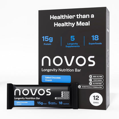 Novos Longevity Protein Bar | 15g Protein, 20 Superfoods, 5 Longevity Ingredients for Men & Women | Supports Skin, Mind & Mood | Mixed Berry Crunch (12-Pack)