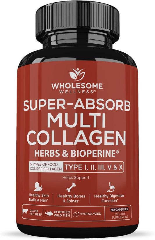 Wholesome Wellness Super-Absorb Multi Collagen Pills (Type I II III V X) Organic Herbs & Bioperine - Hair, Skin, Nails - Hydrolyzed Peptides Protein Supplement for Women & Men (90 Capsules)