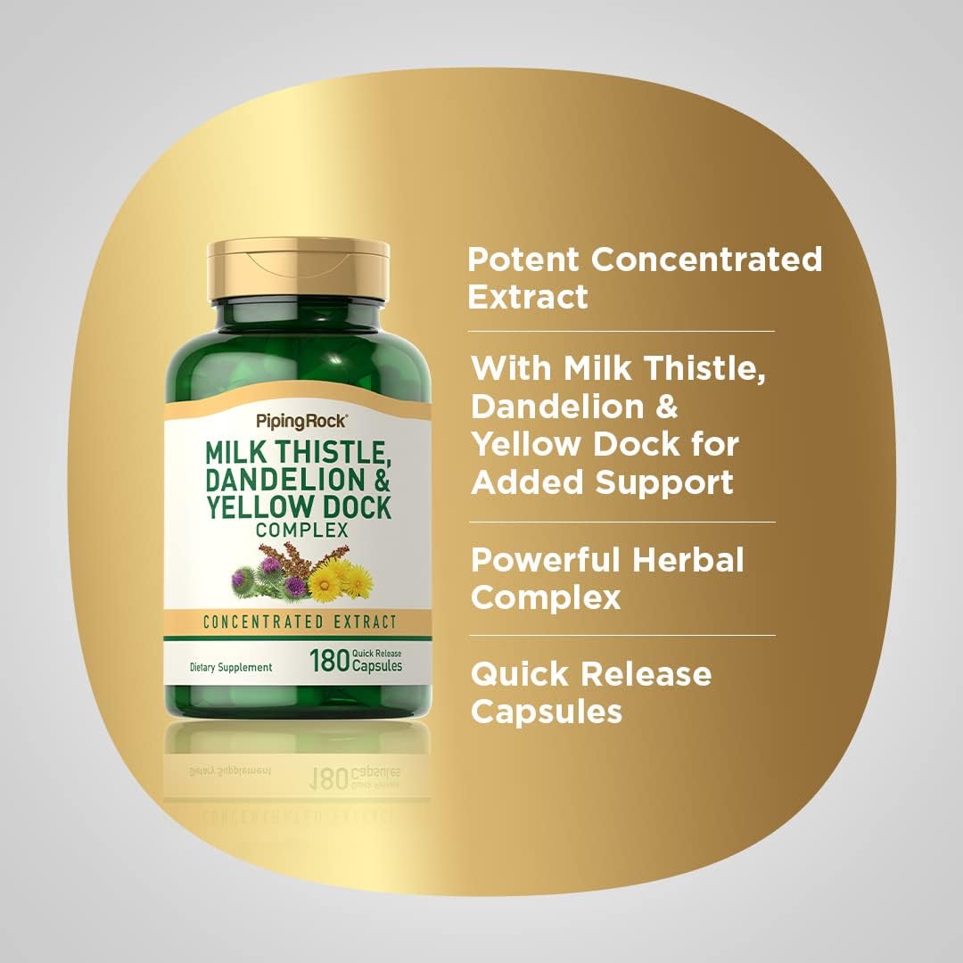 Piping Rock Milk Thistle, Dandelion & Yellow Dock | 180 Capsules | Concentrated Extract Complex | Non-GMO, Gluten Free Supplement